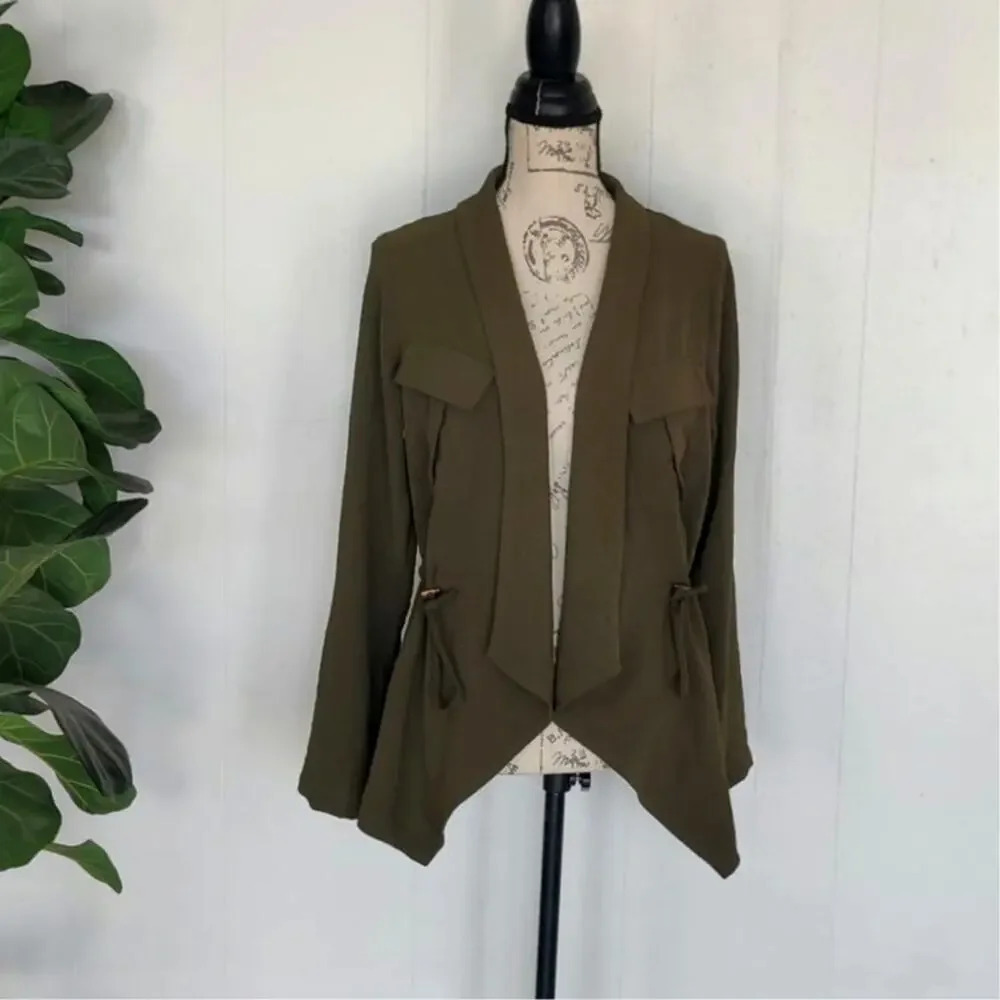 Open Front Drape Jacket Olive Green Size XS/S Drawstring Waist Roll Tag Sleeve
